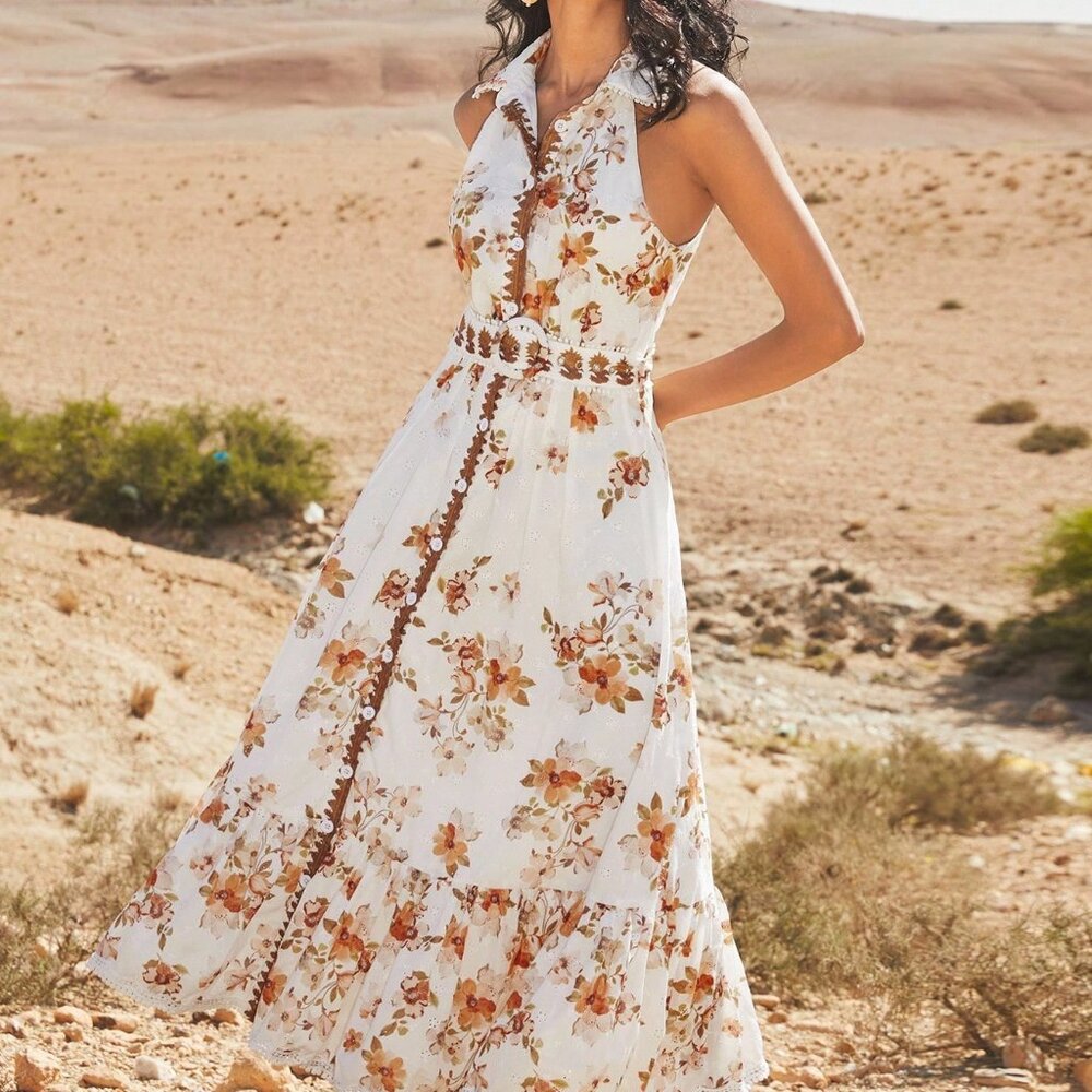 Orange Elegant Women's Sleeveless Floral Print Dress - Picture 5 of 13